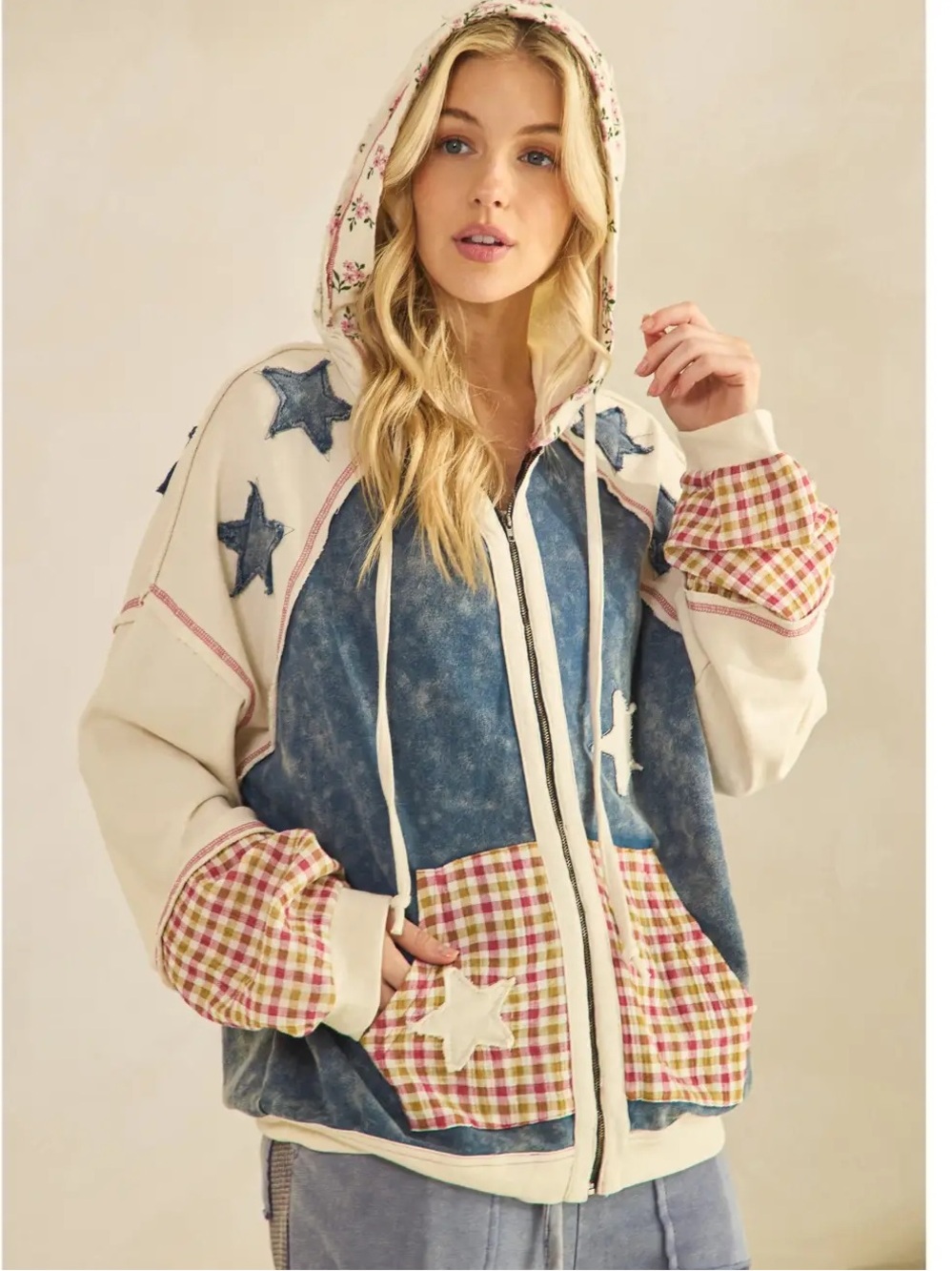 Sage + Fig Boho Star Patchwork Zip Hoodie - Cream & Blue